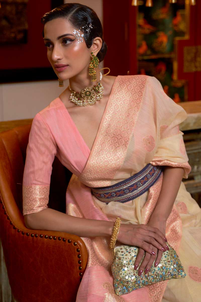 Cream Color Linen Fabric Embellished Party Look Saree