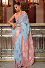 Load image into Gallery viewer, Sky Blue Color Linen Fabric Tempting Party Look Saree
