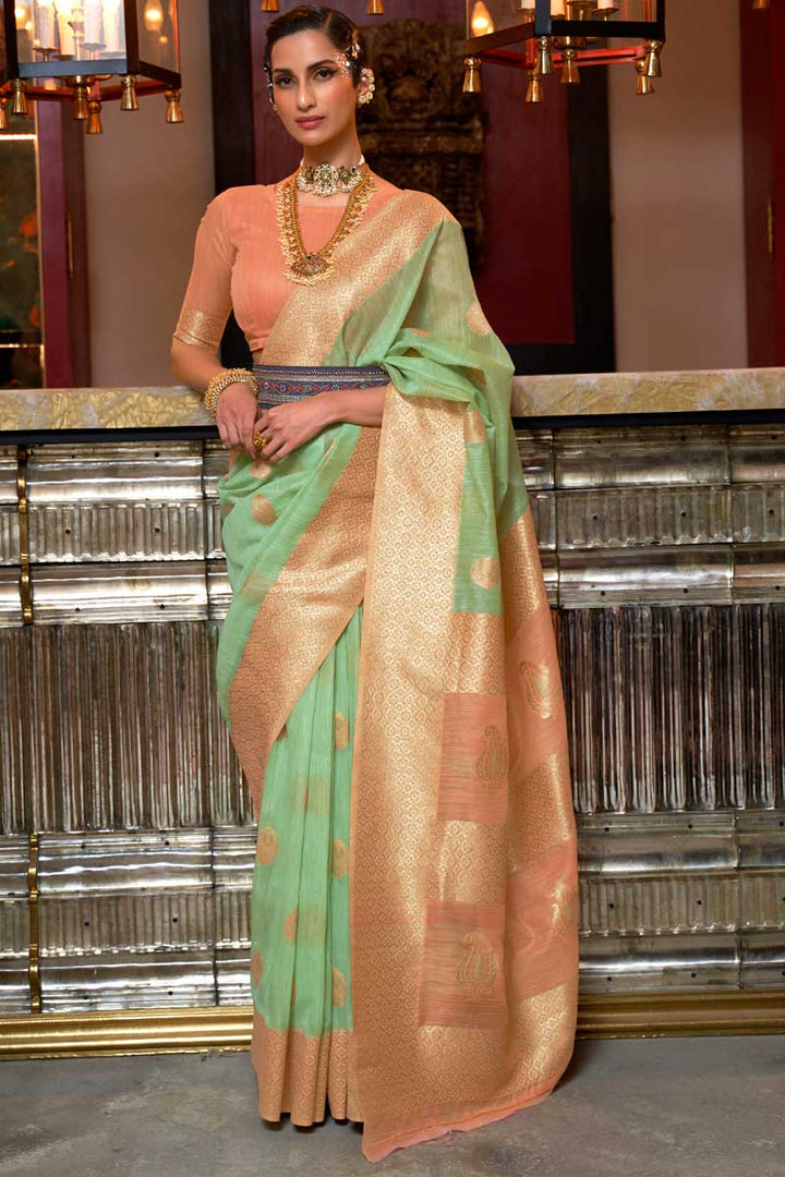 Sea Green Color Linen Fabric Vintage Party Look Saree