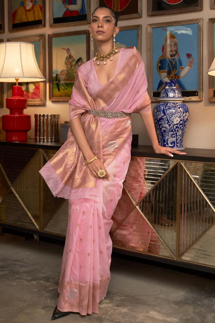 Radiant Pink Color Art Silk Fabric Weaving Work Saree