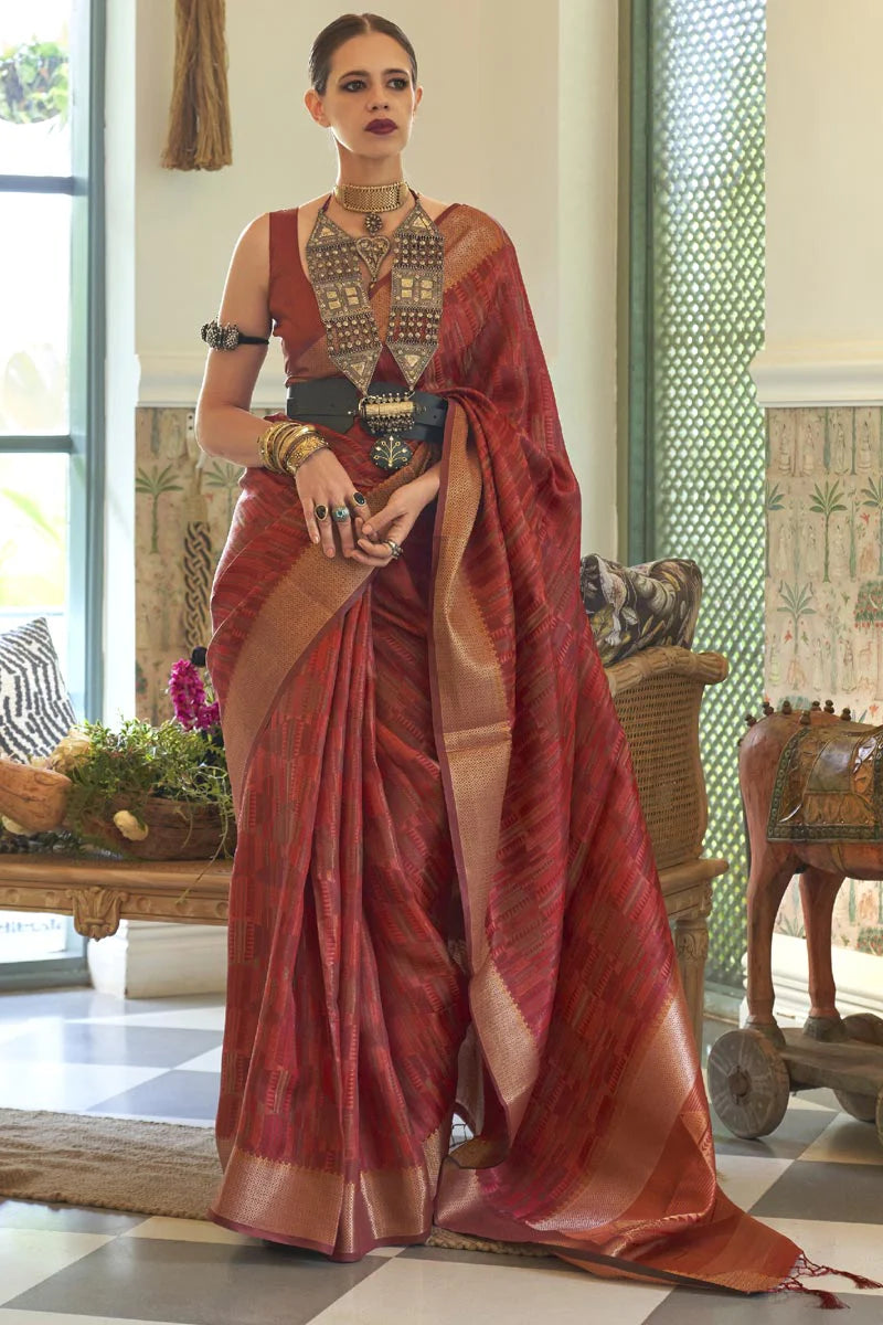 Kalki Koechlin Organza Fabric Dazzling Red Color Saree