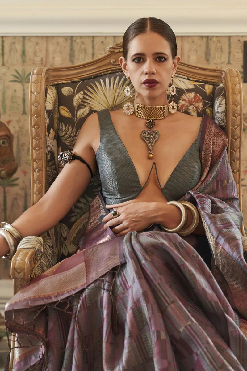 Kalki Koechlin Radiant Grey Color Organza Fabric Saree