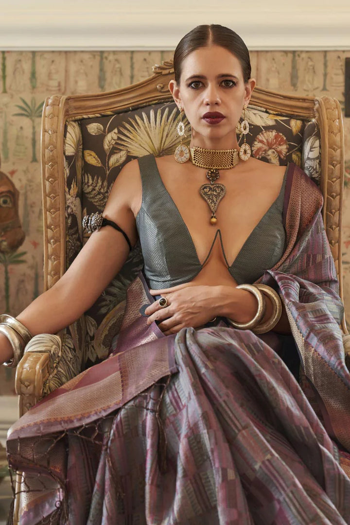Kalki Koechlin Radiant Grey Color Organza Fabric Saree