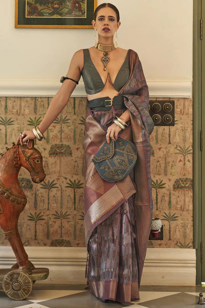 Kalki Koechlin Radiant Grey Color Organza Fabric Saree