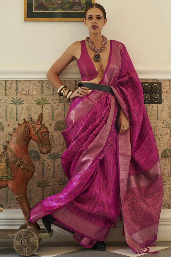 Kalki Koechlin Organza Fabric Rani Color Glamorous Saree