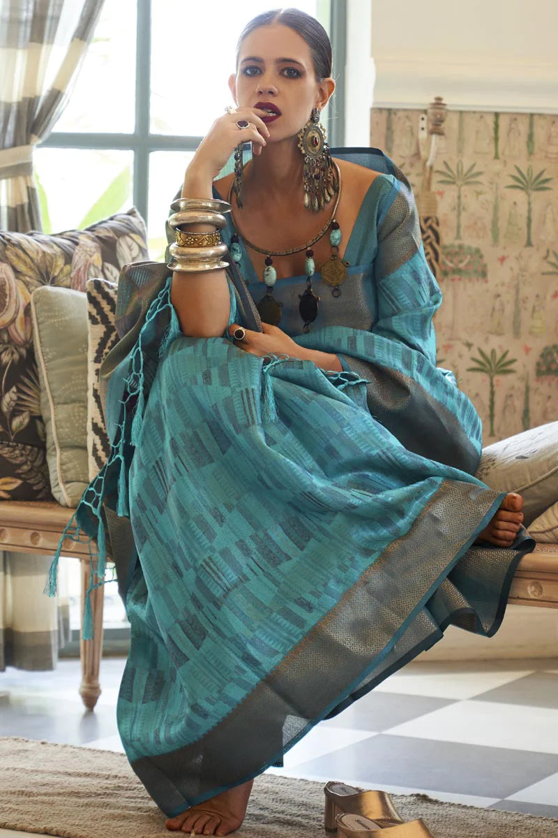 Kalki Koechlin Cyan Color Organza Fabric Glittering Saree