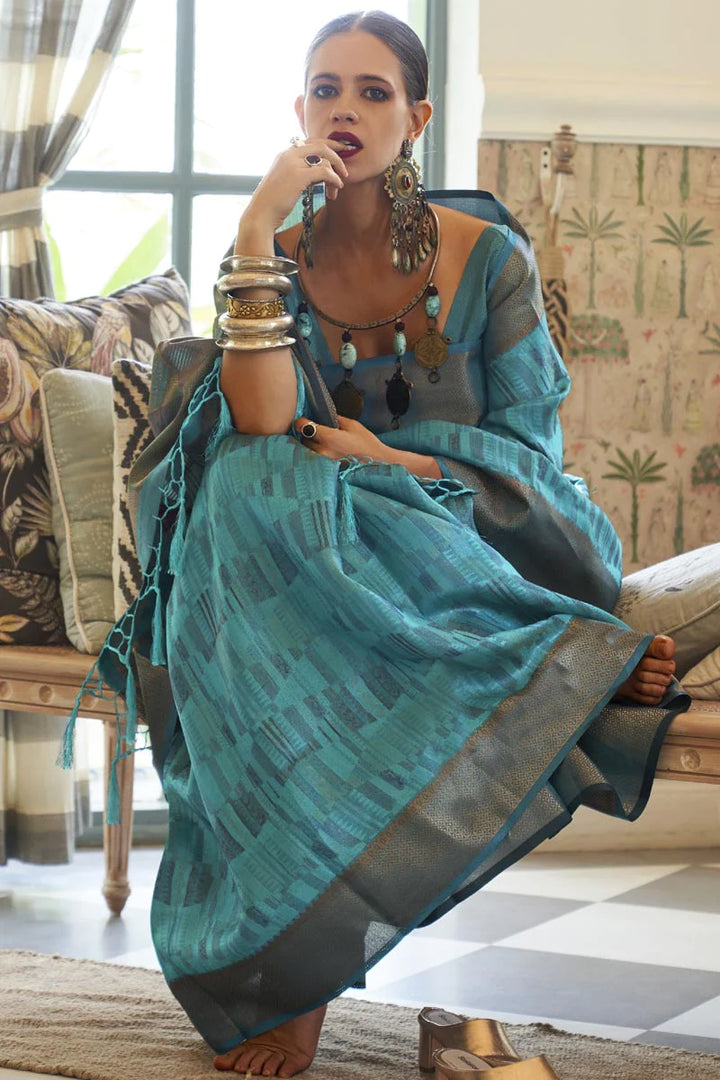 Kalki Koechlin Cyan Color Organza Fabric Glittering Saree
