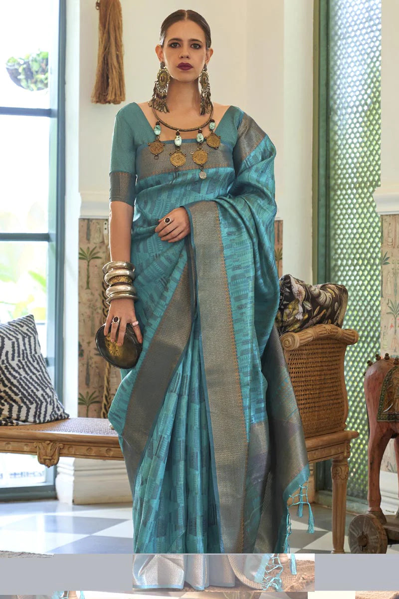 Kalki Koechlin Cyan Color Organza Fabric Glittering Saree