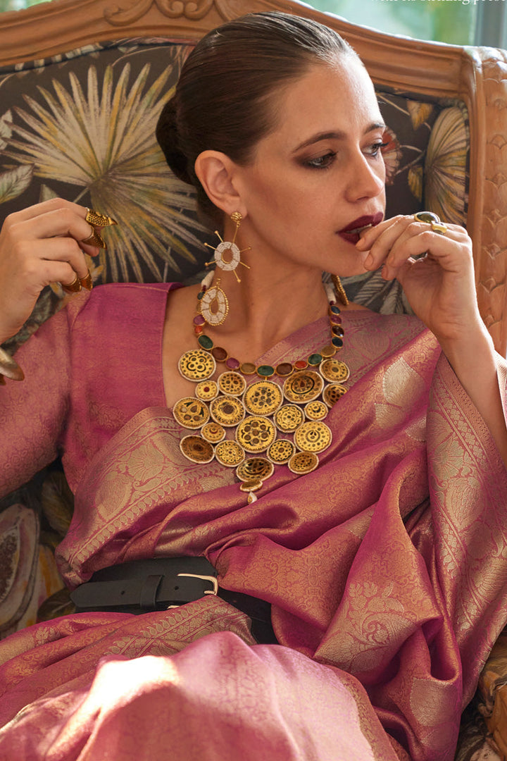 Kalki Koechlin Pink Satin And Tissue Fabric Weaving Work Saree