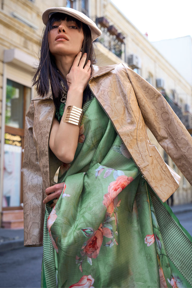 Green Color Satin Organza Pleasant Digital Printed Saree