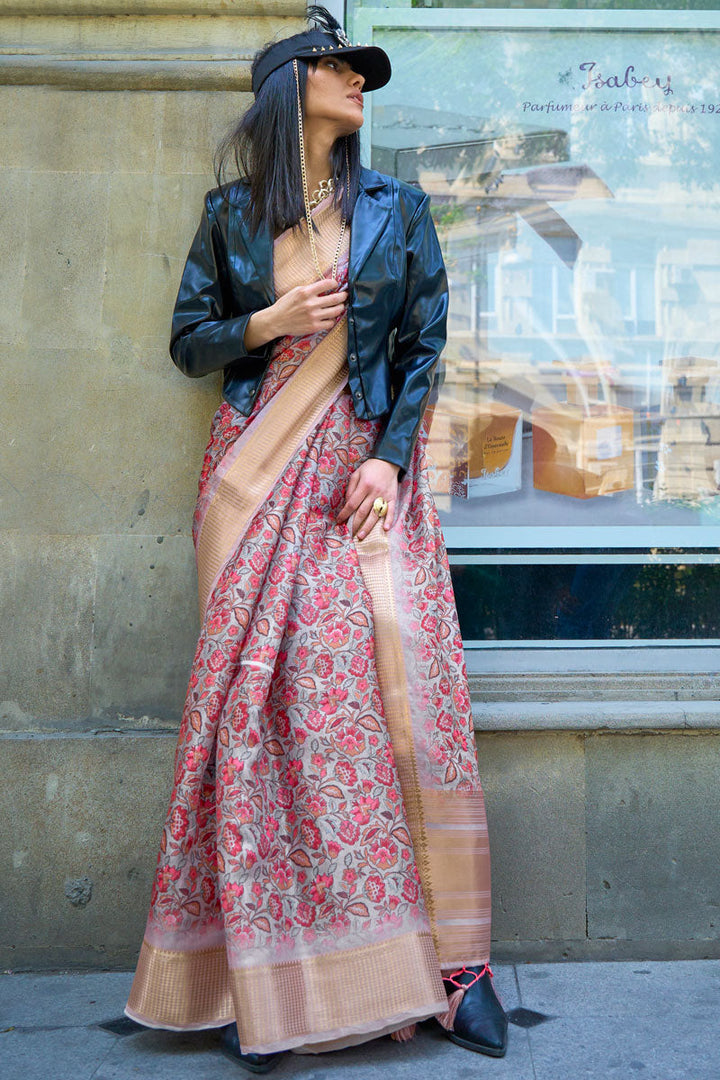 Satin Organza Soothing Digital Printed Saree In Light Cyan Color