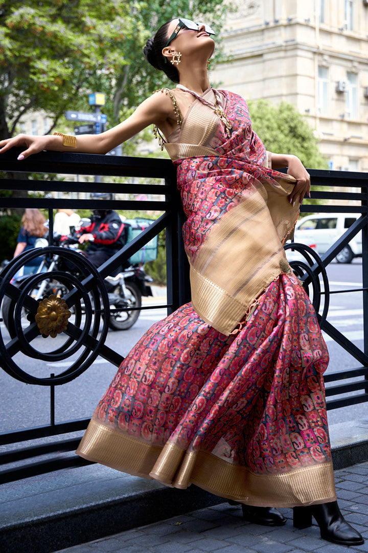 Maroon Color Satin Organza Exquisite Digital Printed Saree