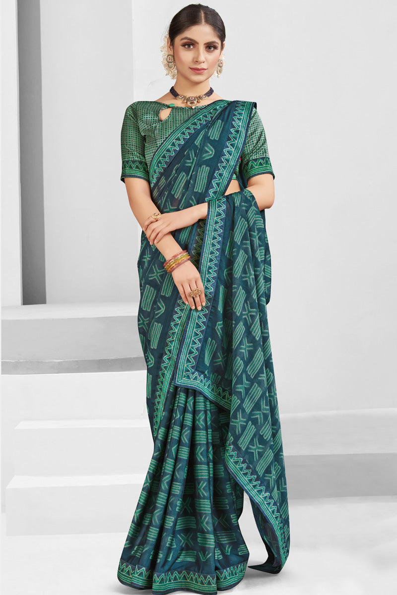 Dark Green Color Gorgeous Georgette Printed Saree