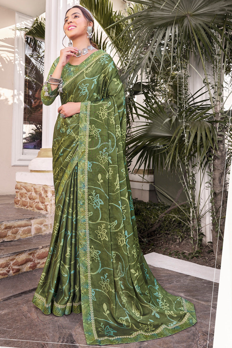 Creative Olive Color Georgette Printed Casual Saree