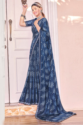 Tempting Georgette Navy Blue Color Printed Casual Saree