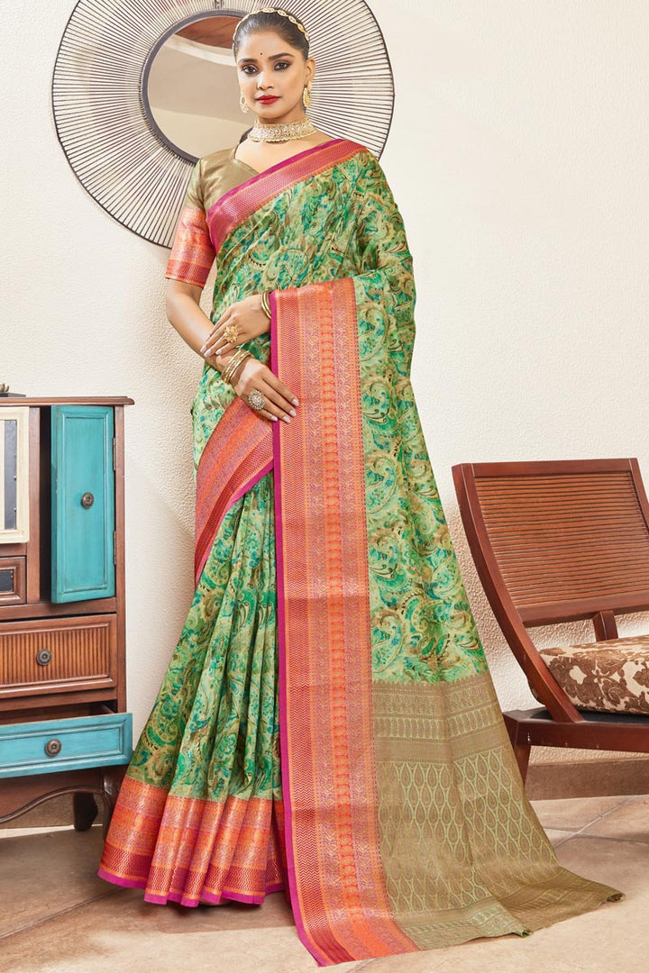 IncGreenible Green Color Digital Printed Art Silk Saree