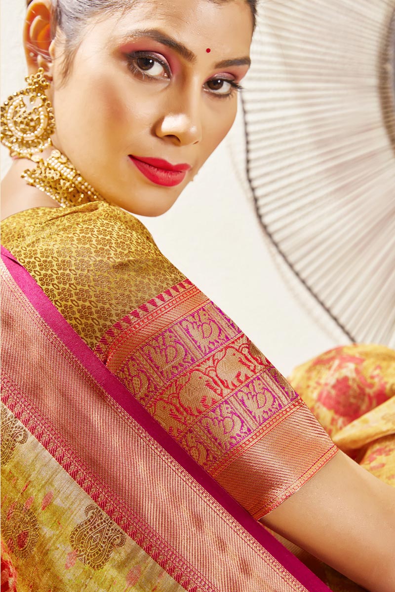 Engaging Yellow Color Digital Printed Art Silk Saree