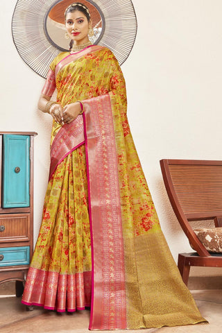 Engaging Yellow Color Digital Printed Art Silk Saree