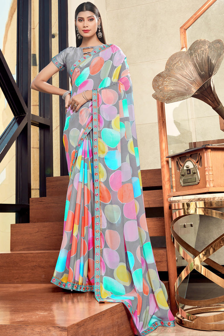 Classic Grey Color Casual Look Printed Georgette Saree