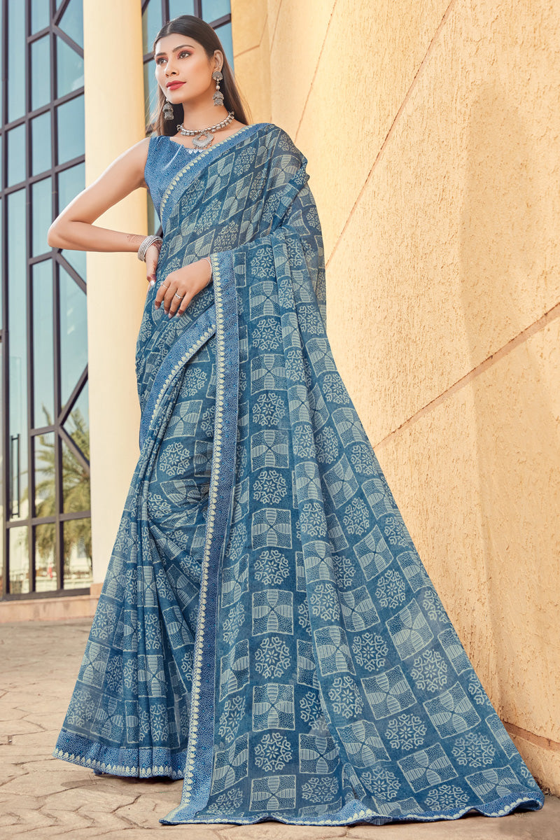 Entrancing Georgette Casual Look Printed Saree In Blue Color