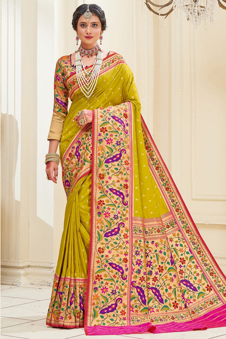 Festive Wear Yellow Color Designer Paithani Silk Fabric Weaving Work Saree