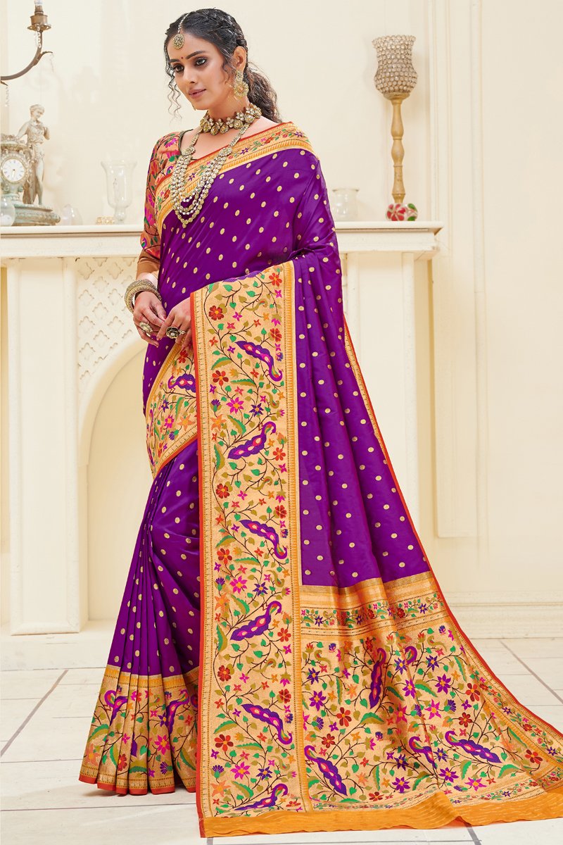 Purple Color Sangeet Wear Paithani Silk Fabric Designer Weaving Work Saree