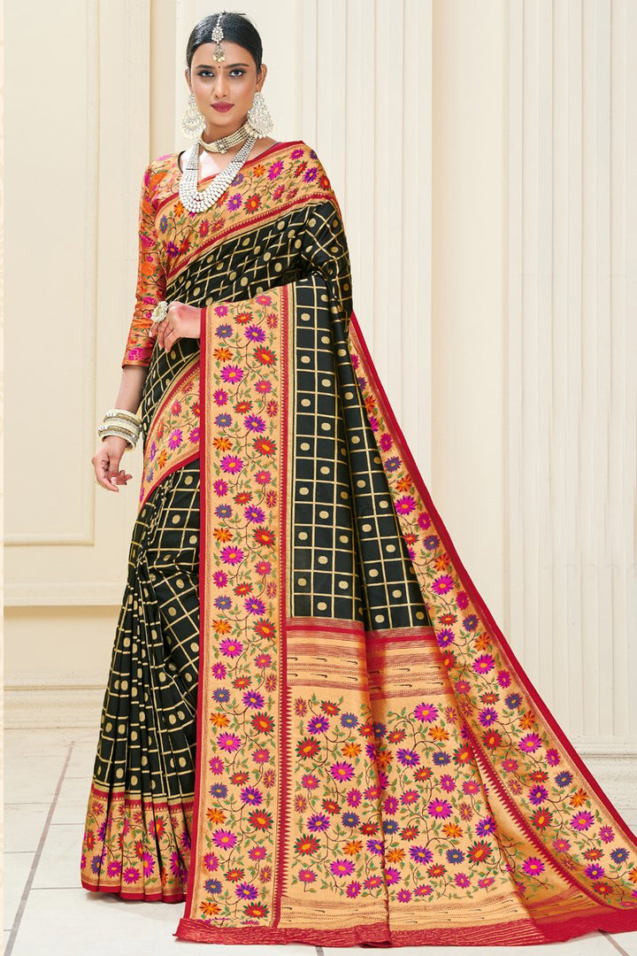 Black Color Paithani Silk Fabric Designer Weaving Work Function Wear Saree