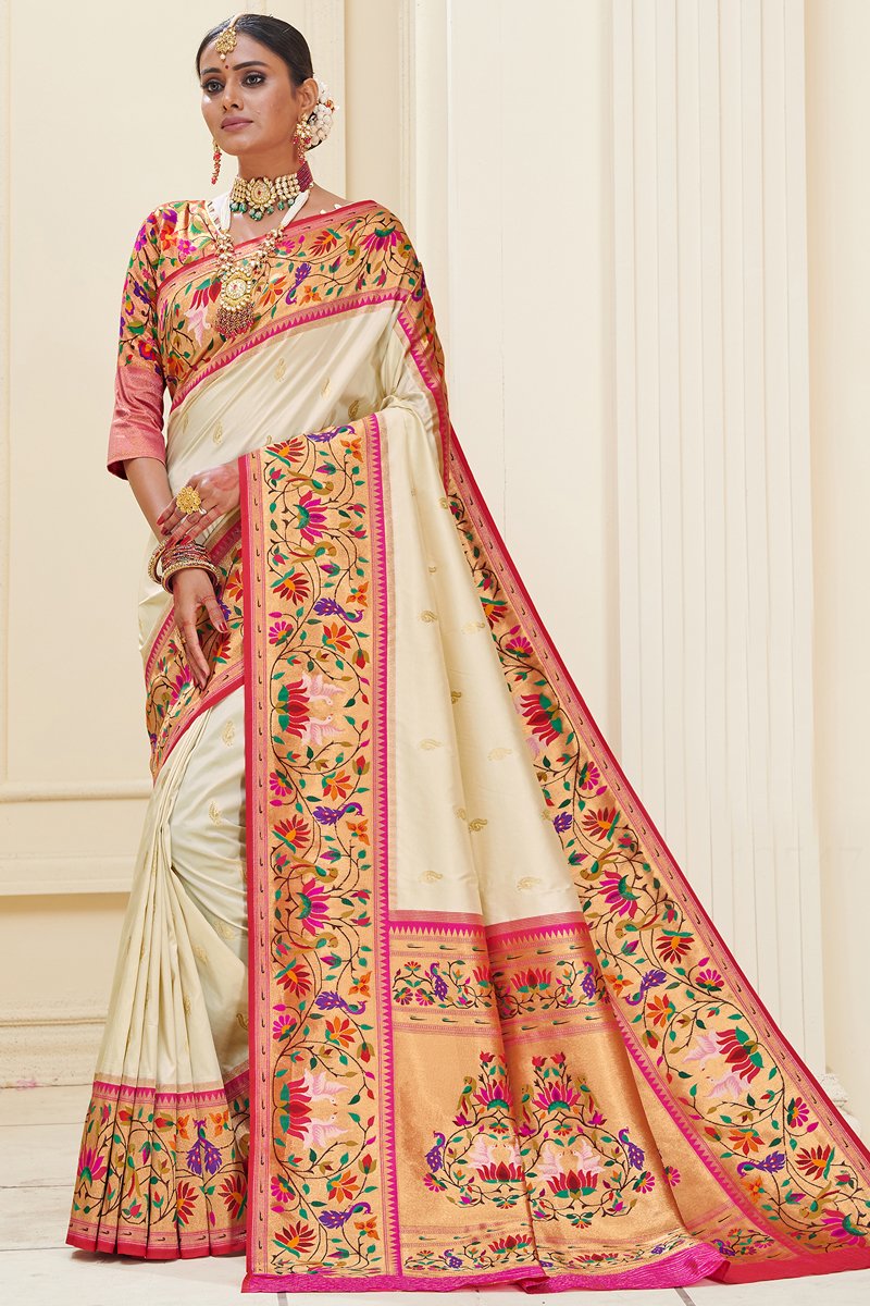 Function Wear Paithani Silk Fabric Weaving Work Beige Color Saree