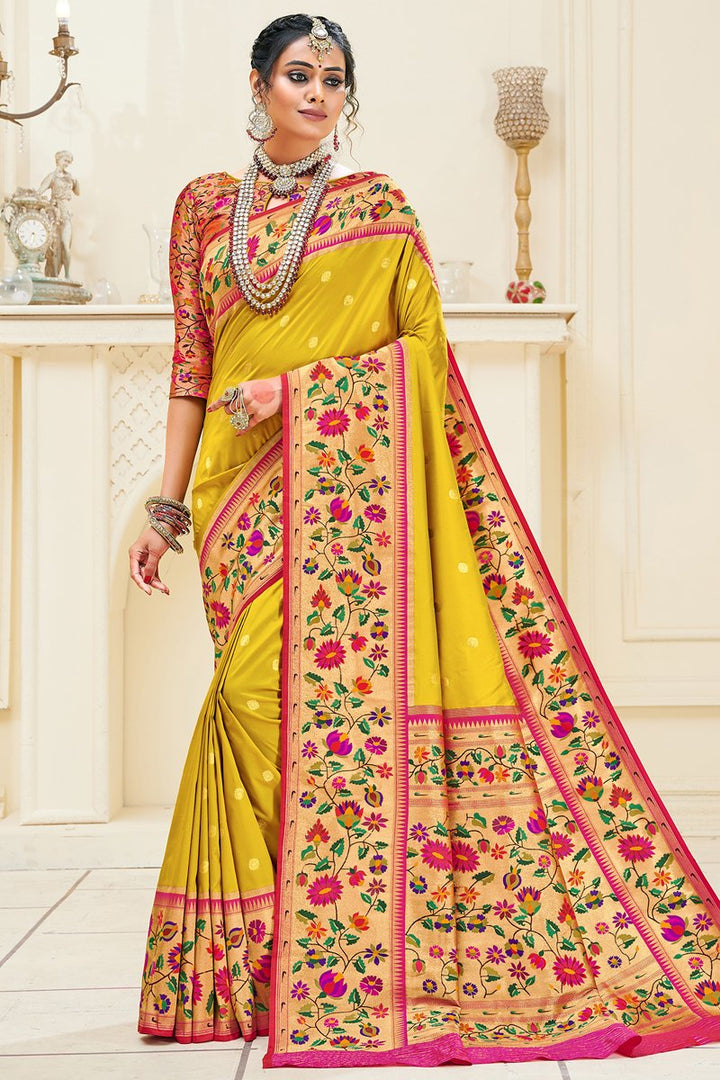 Yellow Color Function Wear Designer Paithani Silk Fabric Weaving Work Saree