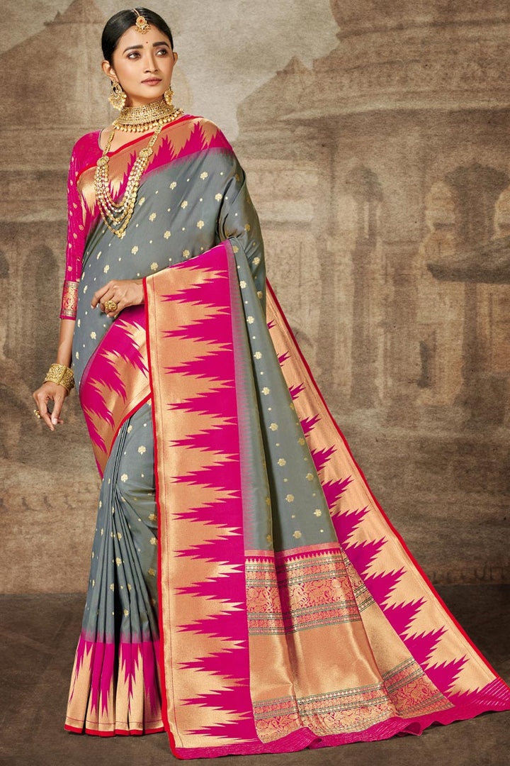 Weaving Work Banarasi Silk Fabric Grey Color Sangeet Wear Designer Saree
