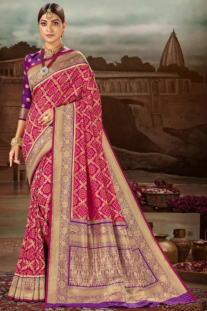 Banarasi Silk Fabric Rani Color Sangeet Wear Saree