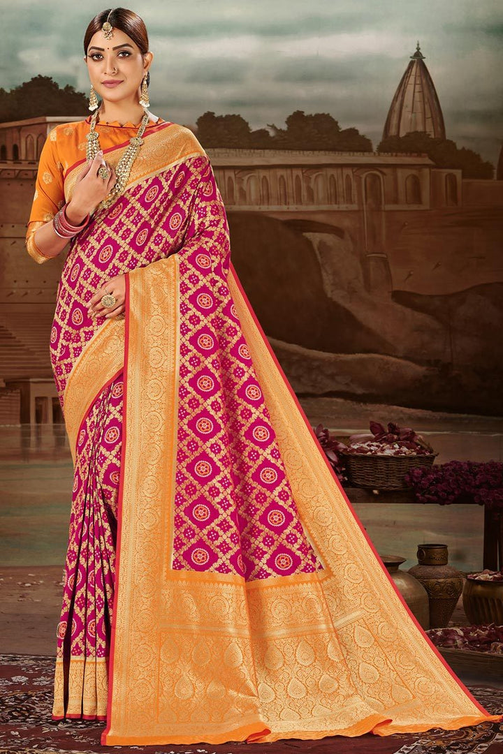 Banarasi Silk Fabric Rani Color Fancy Weaving Work Festive Wear Saree