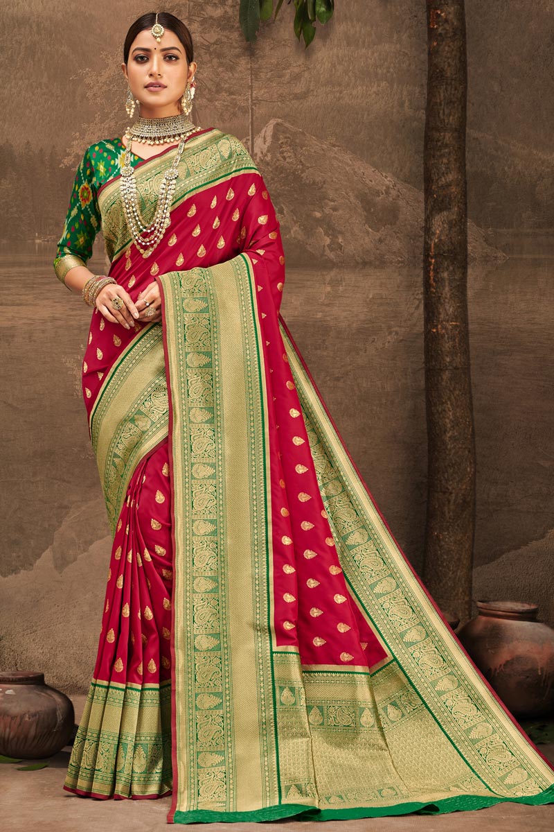 Red Color Weaving Work Art Silk Fabric Party Wear Trendy Saree