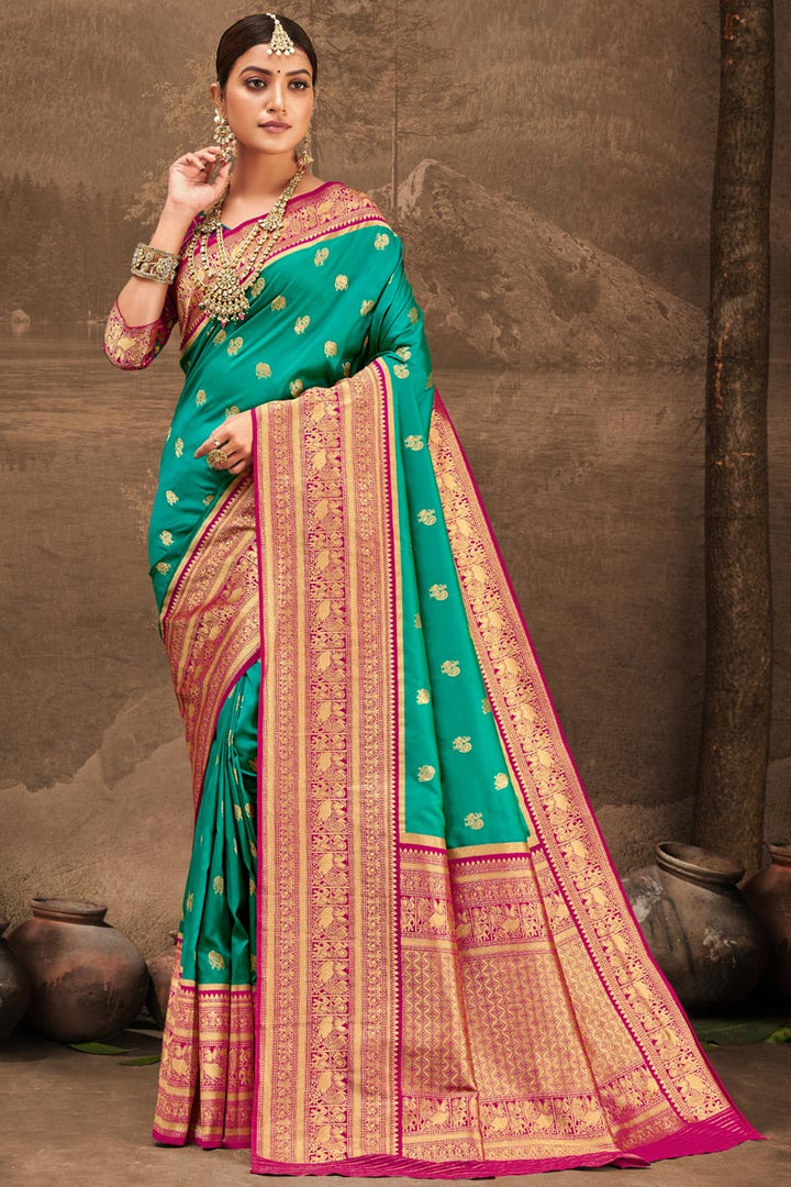 Art Silk Fabric Weaving Work Cyan Color Wedding Wear Saree