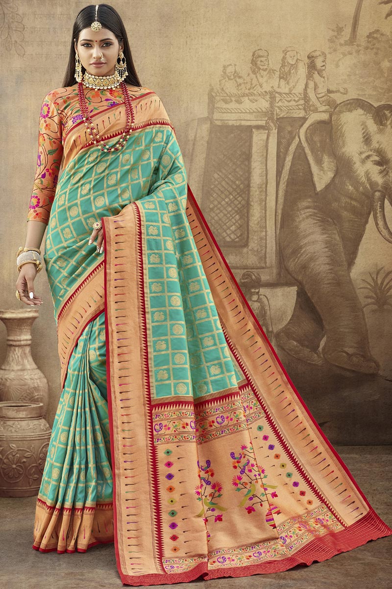 Reception Wear Weaving Work Sea Green Color Saree With Fancy Blouse