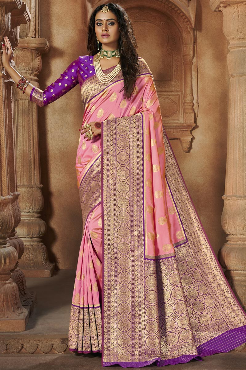 Silk Fabric Designer Weaving Work Sangeet Wear Saree In Pink Color