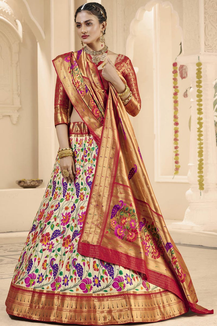 Silk Attractive Weaving Work Wedding Wear Lehenga Choli In Beige Color