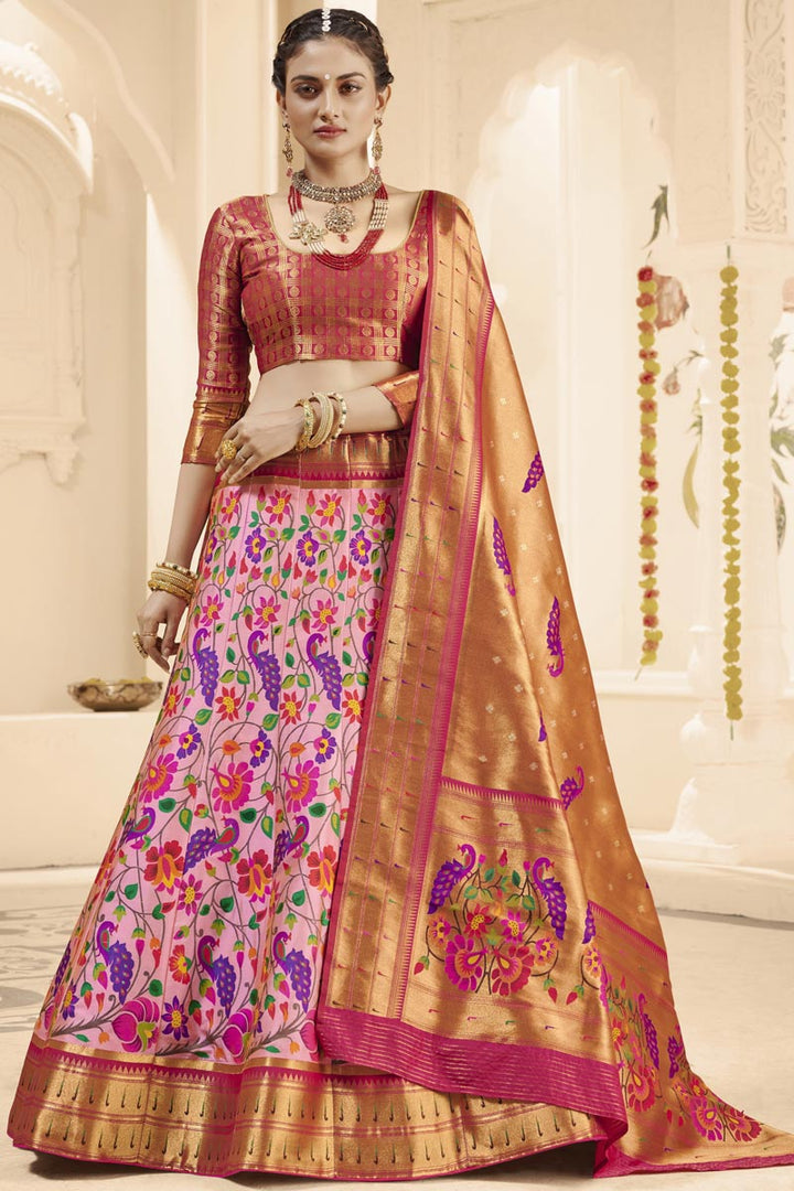 Gorgeous Pink Weaving Work Sangeet Wear Lehenga Choli In Silk Fabric
