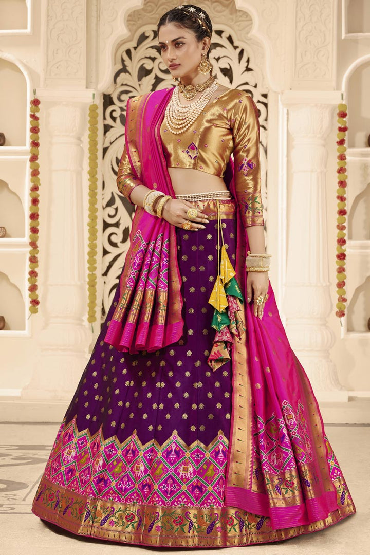Silk Weaving Work Reception Wear Attractive Lehenga Choli In Purple Color