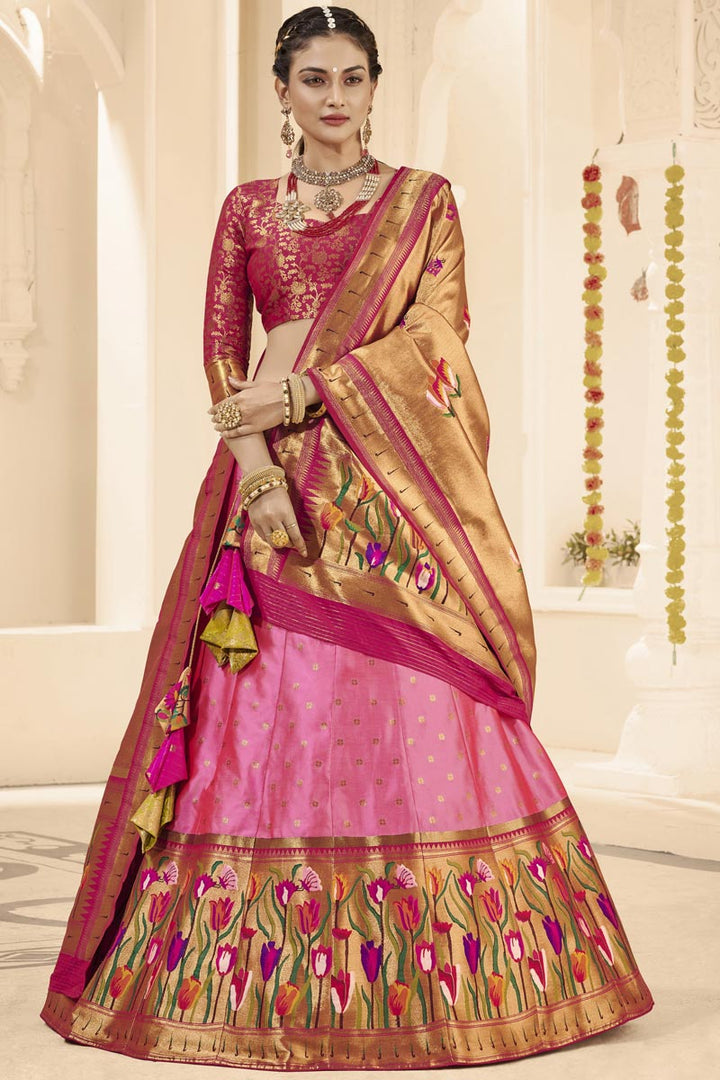 Majestic Pink Silk Weaving Work Sangeet Wear Lehenga Choli