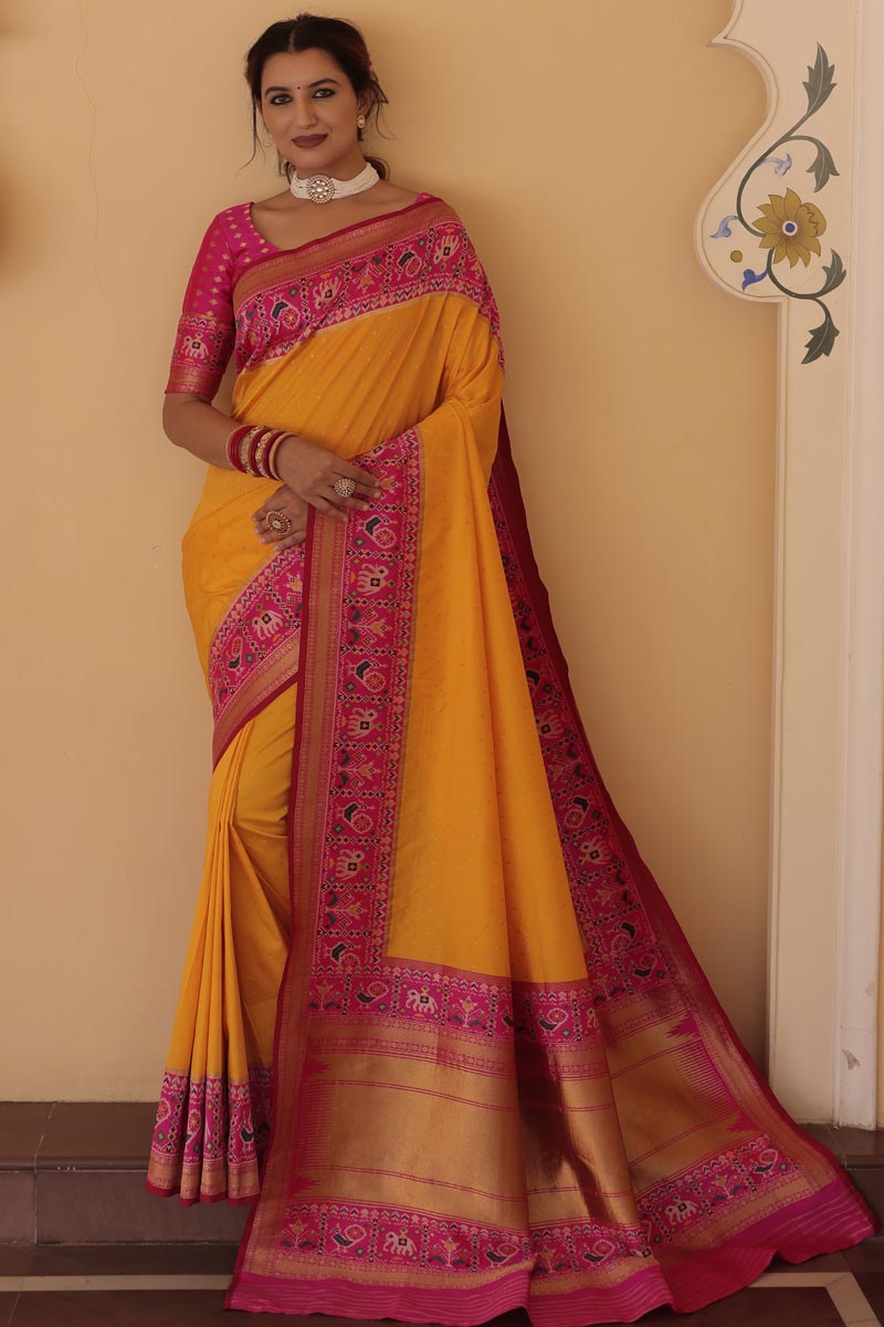 Weaving Work On Yellow Color Traditional Wear Engrossing Saree In Silk Fabric