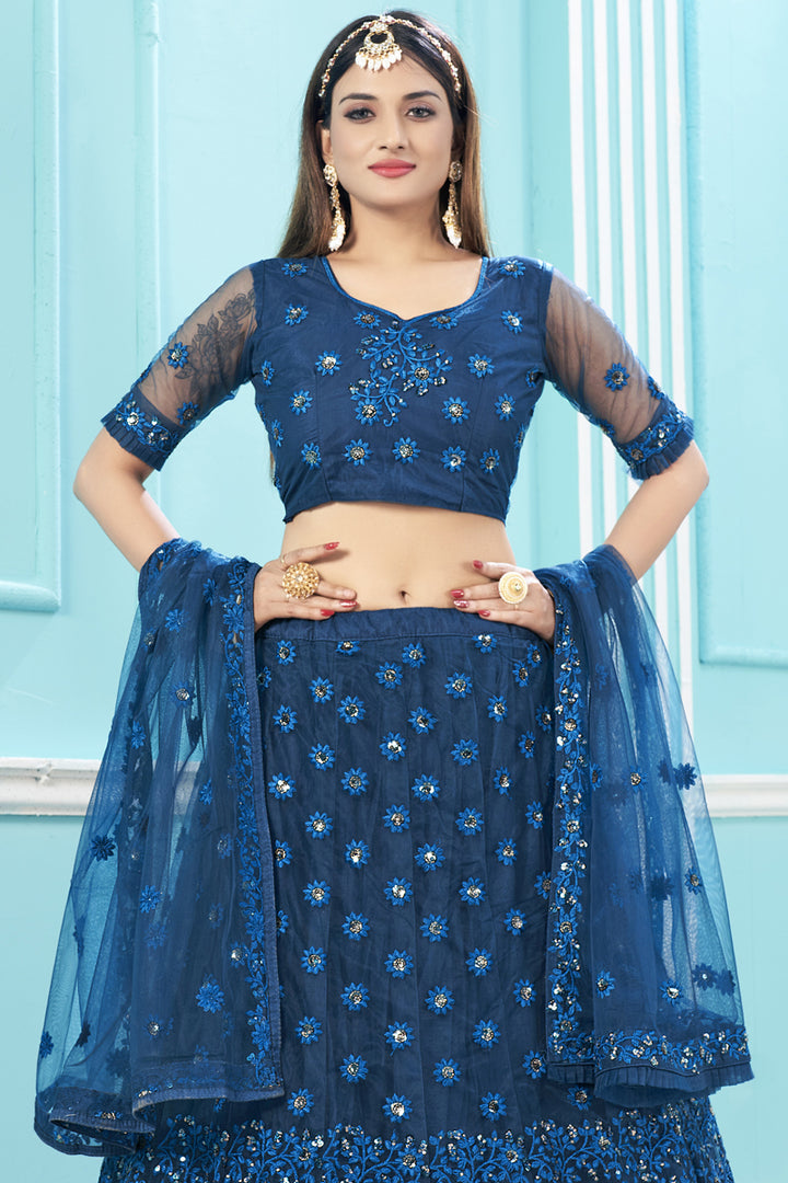 Net Fabric Embroidered Work Sangeet Wear Stylish Lehenga In Navy Blue Color