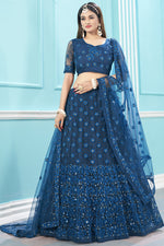 Load image into Gallery viewer, Net Fabric Embroidered Work Sangeet Wear Stylish Lehenga In Navy Blue Color
