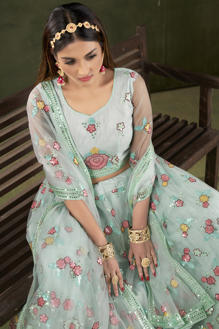 Sangeet Wear Net Fabric Light Cyan Color Delicate Lehenga Choli With Embroidered Work