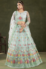 Load image into Gallery viewer, Sangeet Wear Net Fabric Light Cyan Color Delicate Lehenga Choli With Embroidered Work
