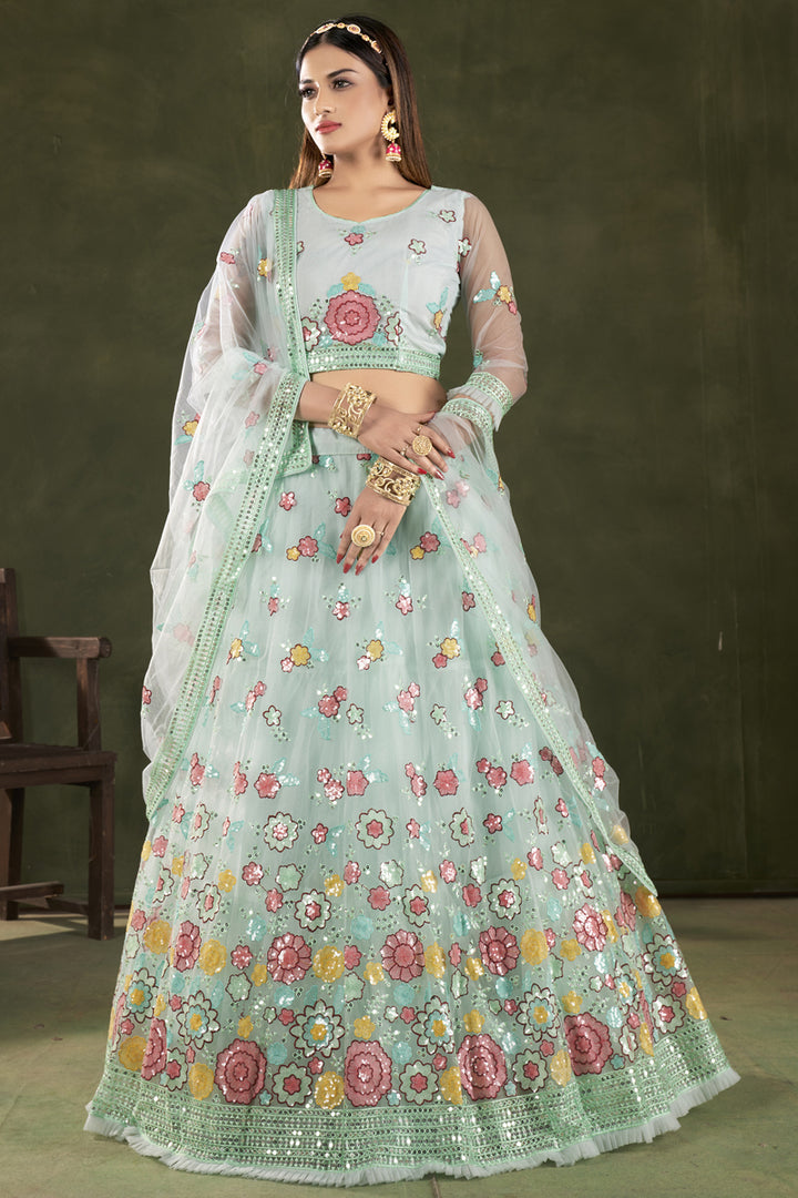 Sangeet Wear Net Fabric Light Cyan Color Delicate Lehenga Choli With Embroidered Work