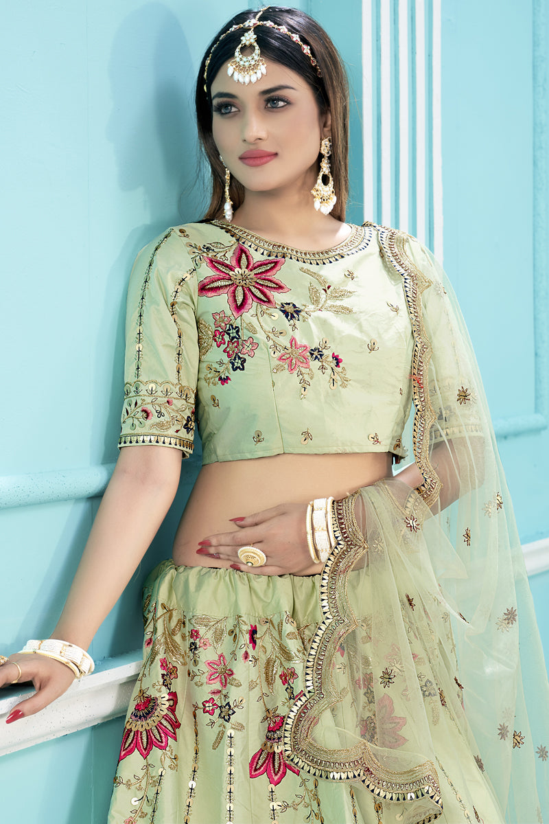 Heavy Embroidered Work Sea Green Color Sangeet Wear Designer Lehenga Choli In Satin Fabric