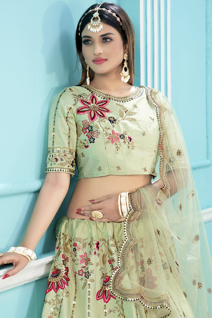 Heavy Embroidered Work Sea Green Color Sangeet Wear Designer Lehenga Choli In Satin Fabric