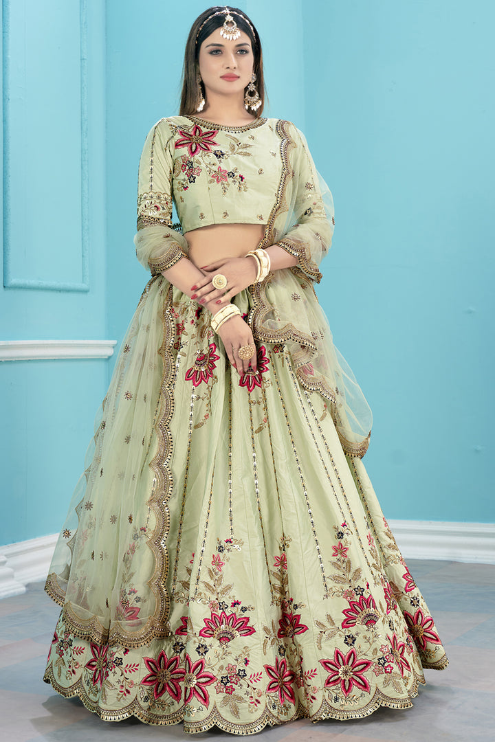 Heavy Embroidered Work Sea Green Color Sangeet Wear Designer Lehenga Choli In Satin Fabric
