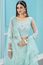 Load image into Gallery viewer, Net Fabric Sangeet Wear Light Cyan Color Lehenga With Heavy Embroidered Work
